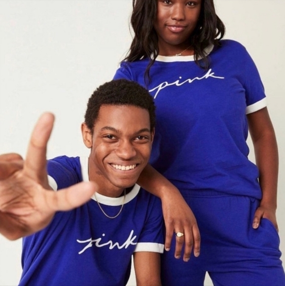 PINK Victoria's Secret Tops - PINK VS Campus Ringer Tee Royal Blue & White Logo Script